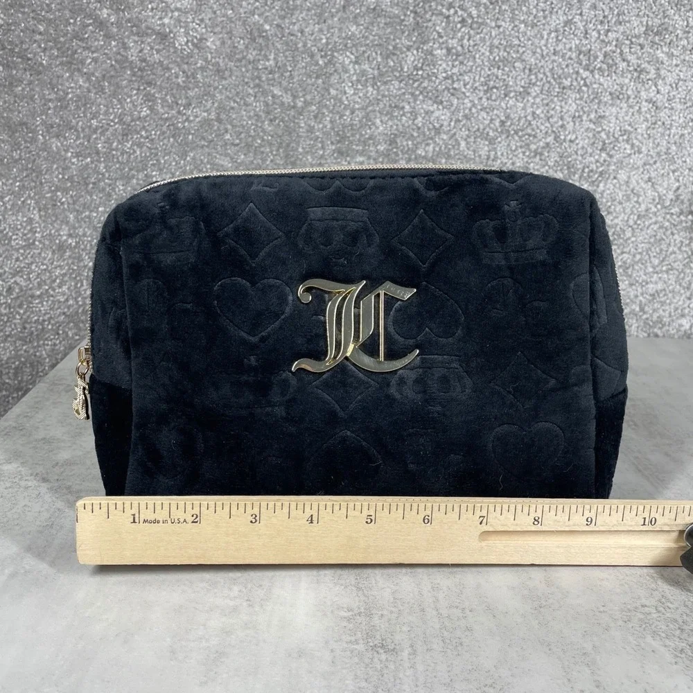 Juicy Couture Velour Makeup Bag Y2K Embossed Monogram Cosmetic Pouch Black Gold